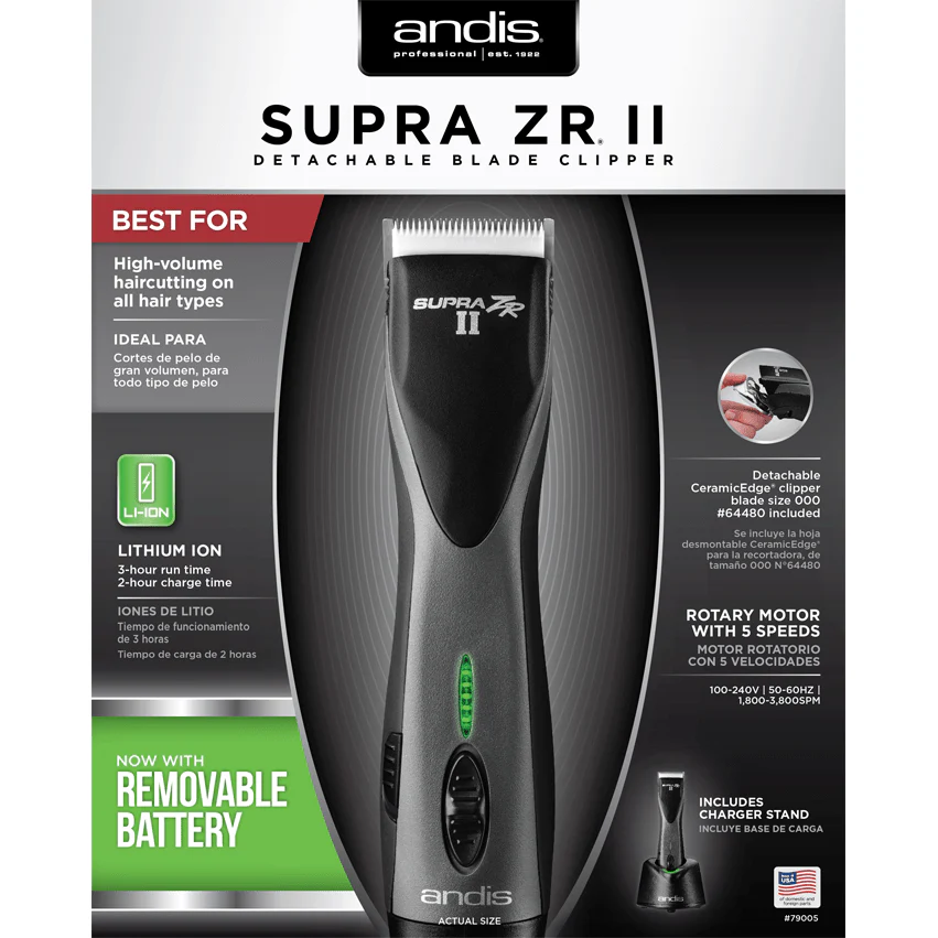 Andis Supra ZR II Cordless Detachable Blade Clipper – Black