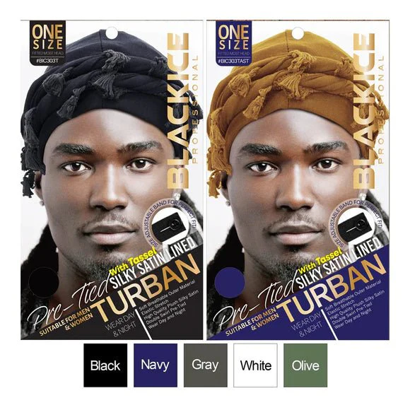 Black Ice Professional Silky Satin Lined Turban – Pre-Tied