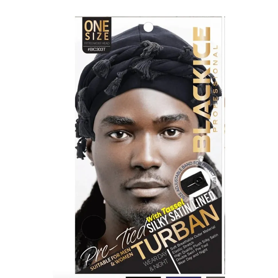 Black Ice Professional Silky Satin Lined Turban – Pre-Tied - Image 4