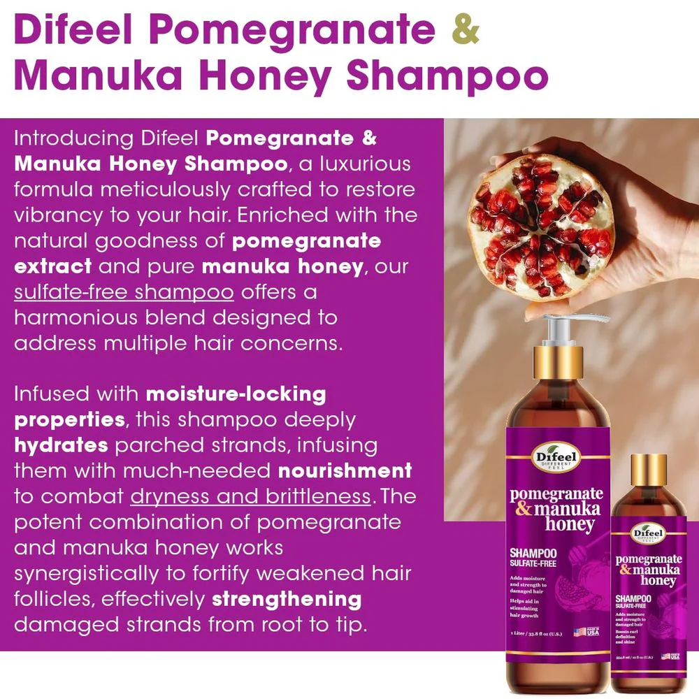 Difeel Pomegranate & Manuka Honey Sulfate-Free Shampoo –12 oz - Image 4