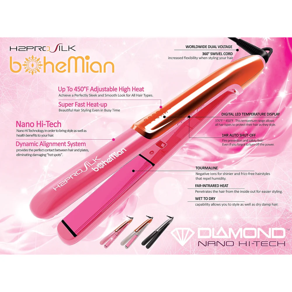 H2PRO Silk Bohemian 1" Ceramic Tourmaline Styling Iron – 450℉ Nano Hi-Tech Plates - Image 2