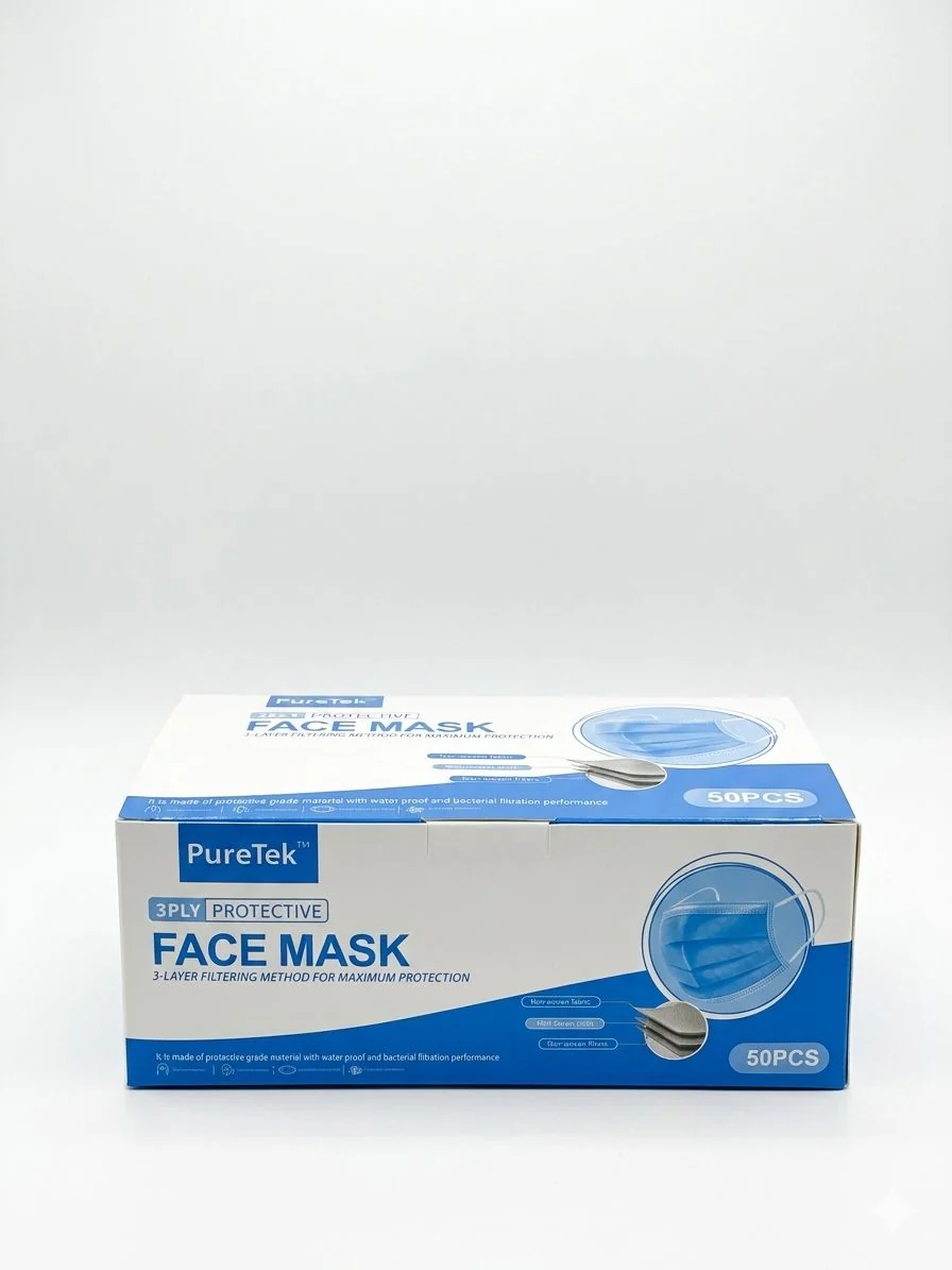 PureTek 3-Ply Protective Face Mask – 50pcs Box