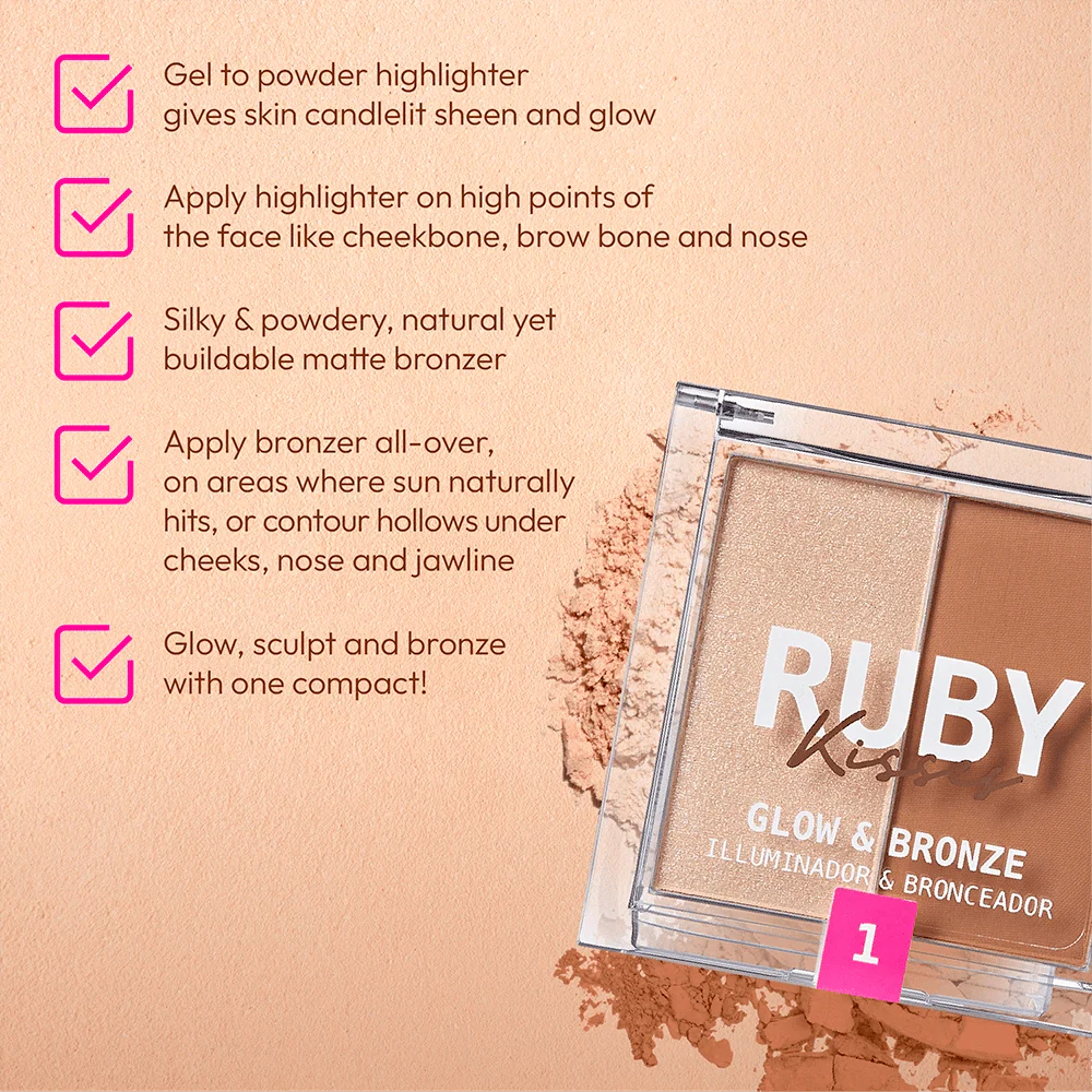 Ruby Kisses Glow & Bronze Highlighter Bronzer Duo – 2-in-1 Radiant Finish 4 Shades - Image 3